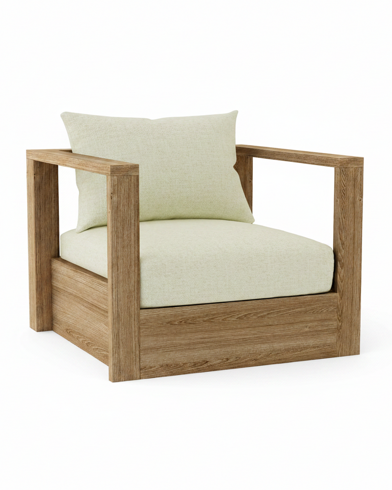 A modern outdoor armchair with a square wooden frame and thick, comfortable off-white cushions, shown on a solid white background.