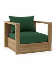 A modern outdoor armchair with a natural oak wood frame and deep green cushions, shown on a solid white background.