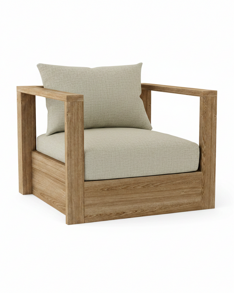 A modern outdoor armchair with a light oak wood frame and textured light beige fabric cushions, including a back cushion, shown on a solid white background.