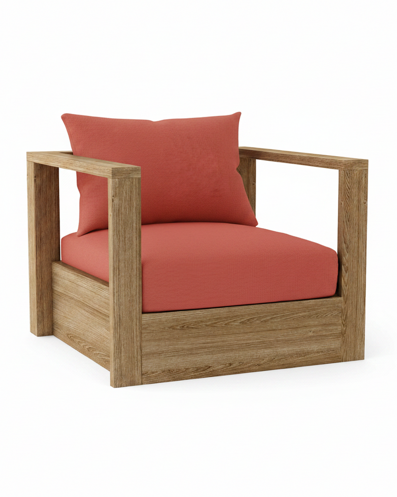 A modern outdoor armchair with a natural oak wood frame and coral orange cushions, shown on a solid white background.