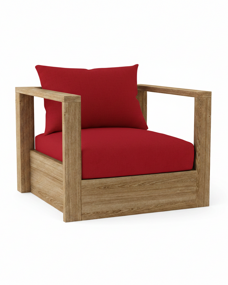 A modern outdoor armchair with a light brown wood frame and vibrant red cushions, shown on a solid white background.