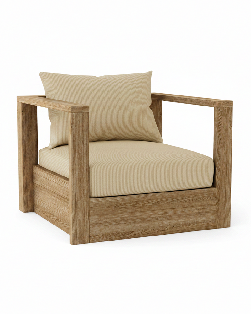 A modern outdoor armchair with a natural oak wood frame and textured beige ribbed cushions, including a back cushion and seat cushion, shown on a solid white background.