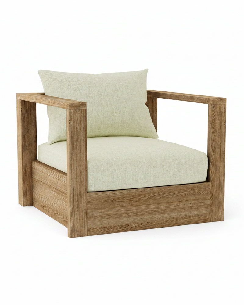 A modern outdoor armchair with a square wooden frame and light beige textured cushions, shown on a solid white background.