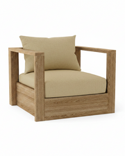 A modern outdoor armchair with a square wooden frame and thick beige cushions, including a back cushion, shown on a plain white background.