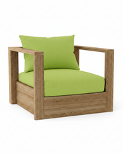 A modern outdoor armchair with a square wooden frame and bright lime green cushions, shown on a plain white background.