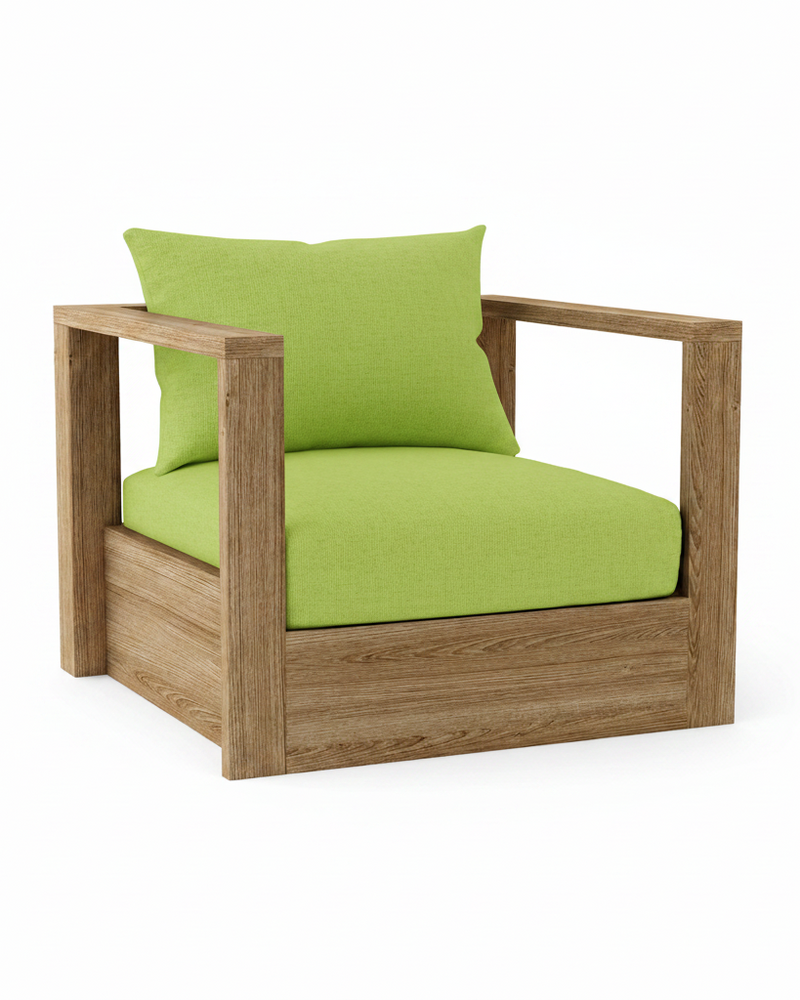 A modern outdoor armchair with a square wooden frame and bright lime green cushions, shown on a plain white background.