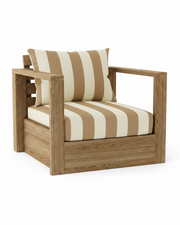 A wooden outdoor armchair with a thick cushion and matching back pillow, featuring beige and off-white vertical stripes on a light brown wood frame, shown on a white background.
