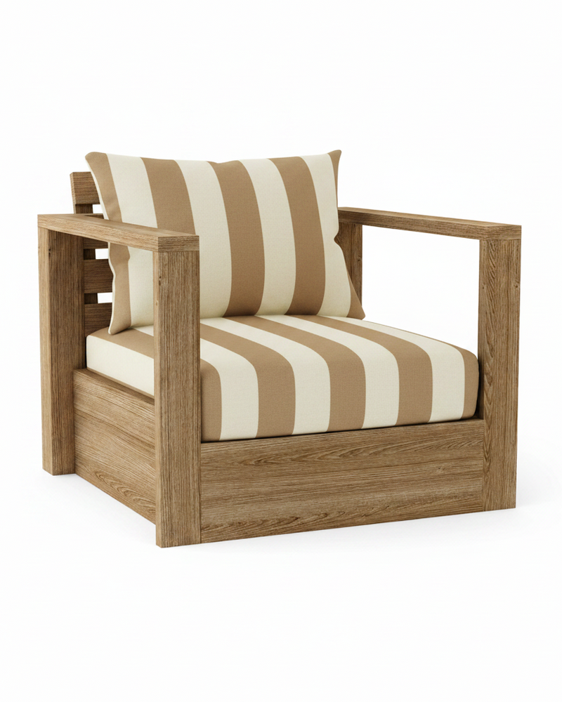 A wooden outdoor armchair with a thick cushion and matching back pillow, featuring beige and off-white vertical stripes on a light brown wood frame, shown on a white background.