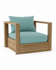 A modern outdoor armchair with a light brown wood frame and teal blue-green cushions, shown on a solid white background.