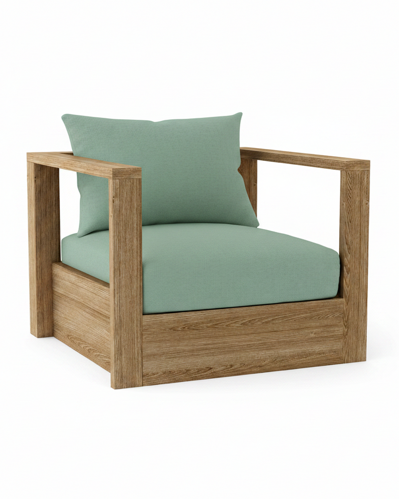 A modern outdoor armchair with a natural oak wood frame and sage green cushions, shown on a solid white background.