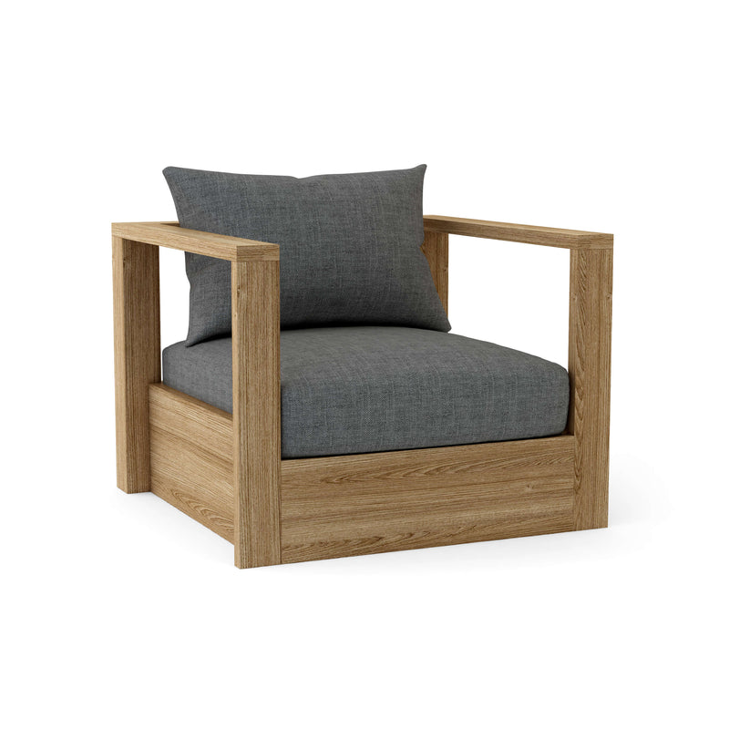 Wooden armchair with gray cushions on a white background