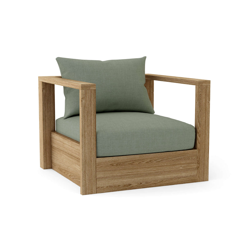 Wooden armchair with green cushions on a white background