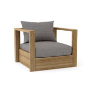 Wooden armchair with gray cushions on a white background