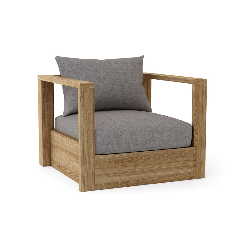 Wooden armchair with gray cushions on a white background