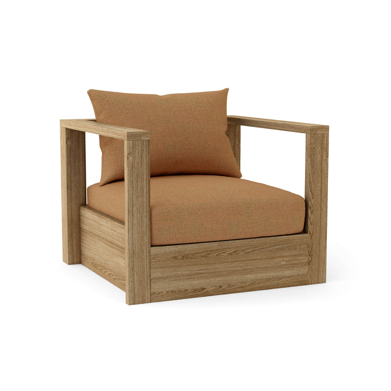 Wooden armchair with brown cushions on a white background
