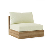 Sofa with wooden frame and light green cushions on a white background