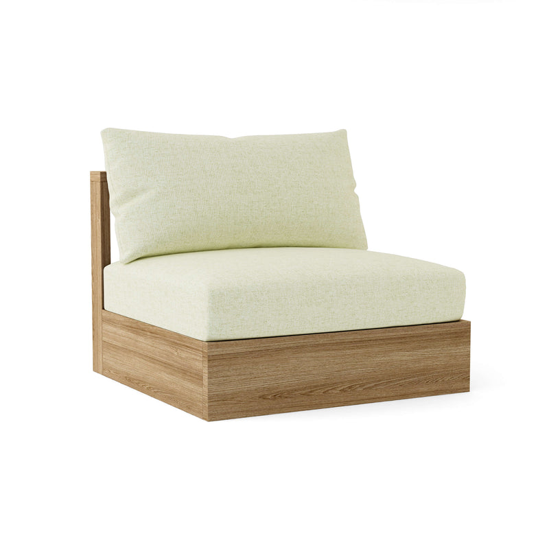 Sofa with wooden frame and light green cushions on a white background