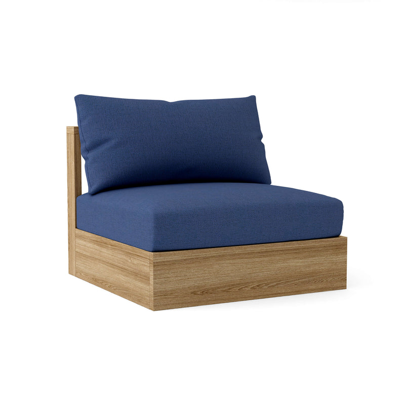 Sofa with blue cushions and wooden frame on a white background