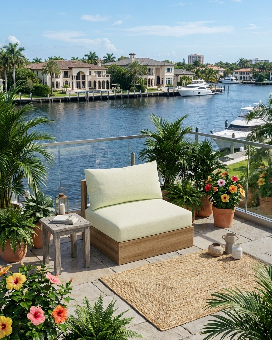 A modern outdoor lounge chair with light cream cushions and a natural wood frame sits on a stone patio overlooking a waterfront with boats and houses. The patio is decorated with potted palm trees, colorful flowers, a small side table, and a woven rug.