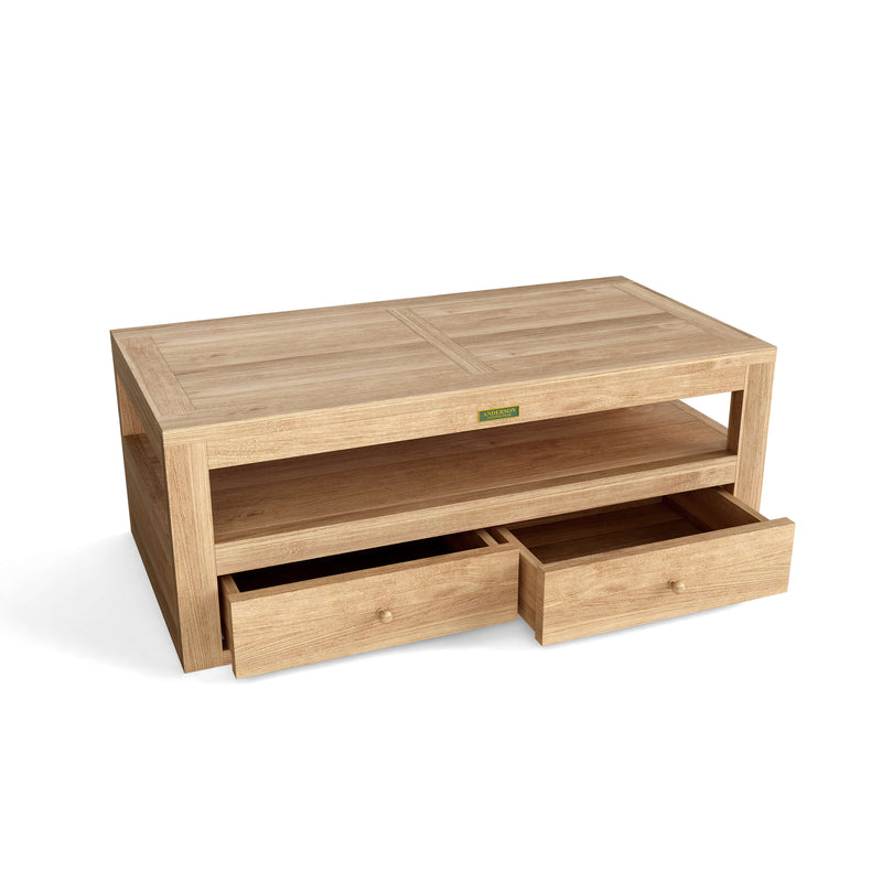 Wooden coffee table with two drawers on a white background