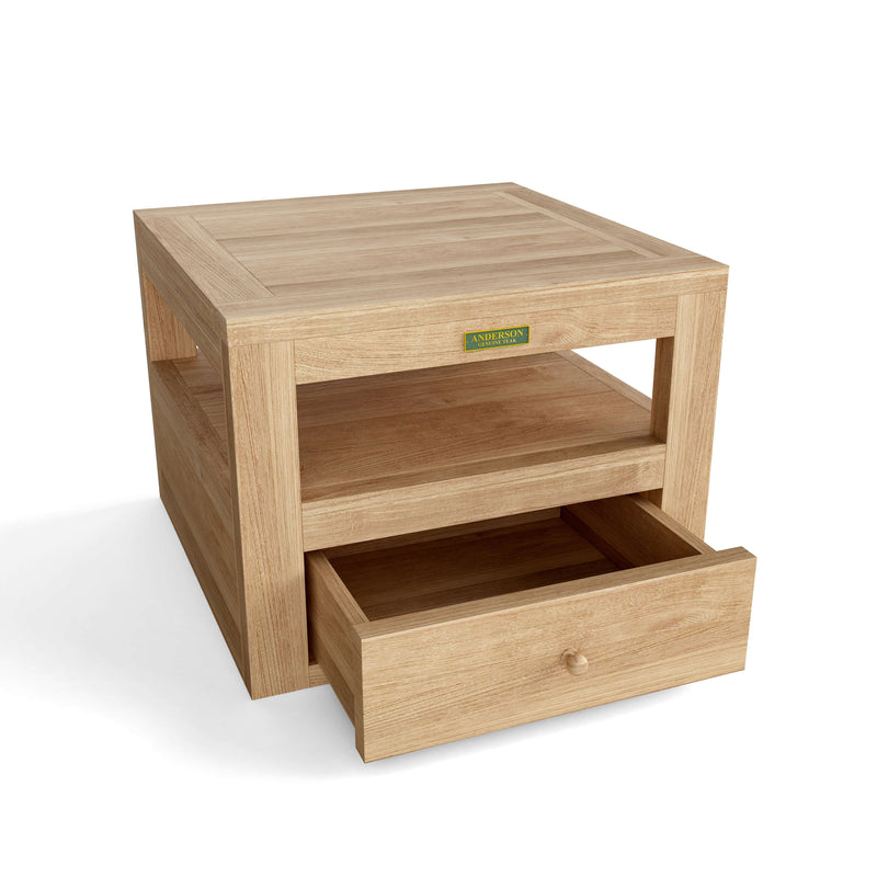 Wooden side table with a drawer on a white background