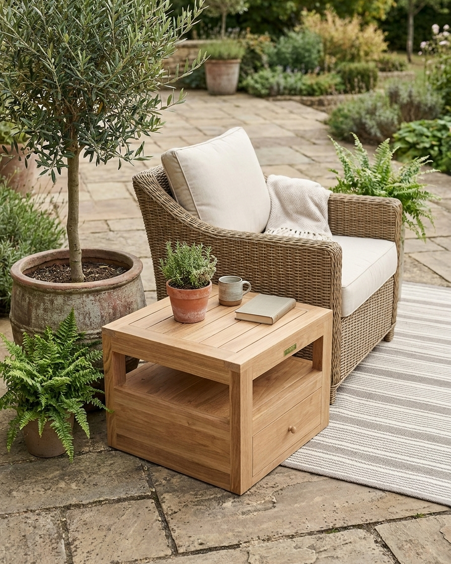 Teak side table next to a wicker chair on a rug on a stone patio with plants and trees.  