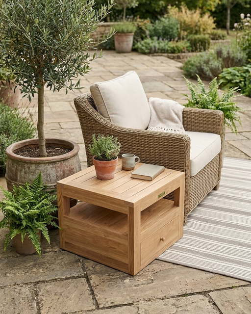 Teak side table next to a wicker chair on a rug on a stone patio with plants and trees.  