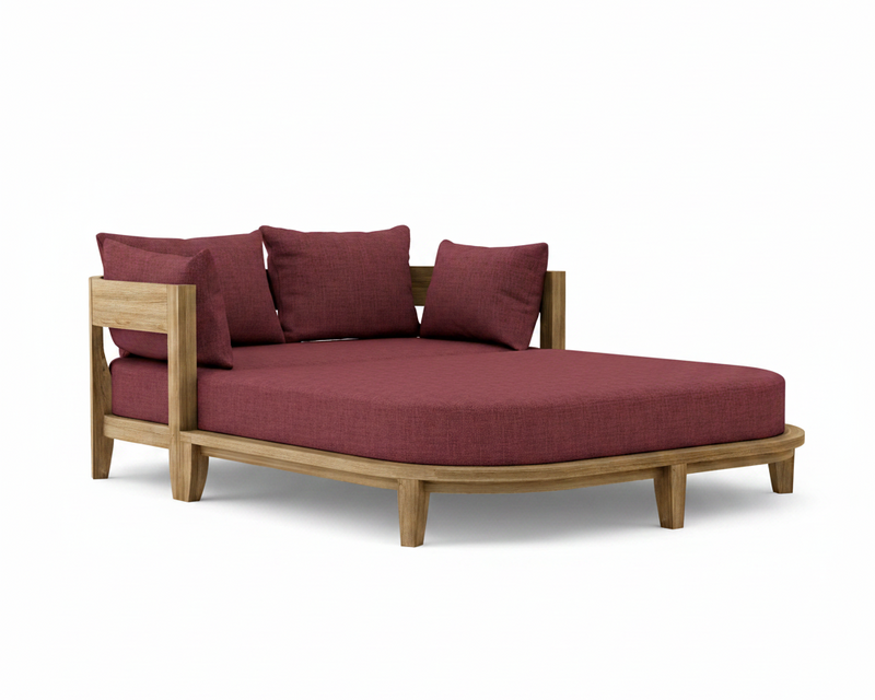 Coronado teak day bed with burgundy cushion on white background.