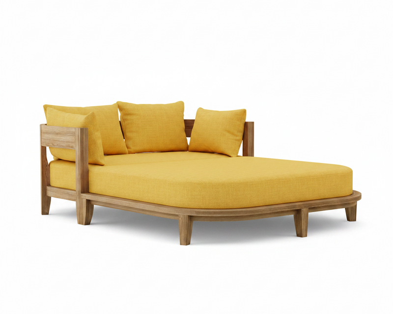 Coronado teak day bed with buttercup cushion on white background.