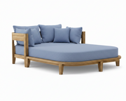 Coronado teak day bed with cast ocean cushion on white background.