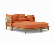 Coronado teak day bed with dupione papaya cushion on white background.