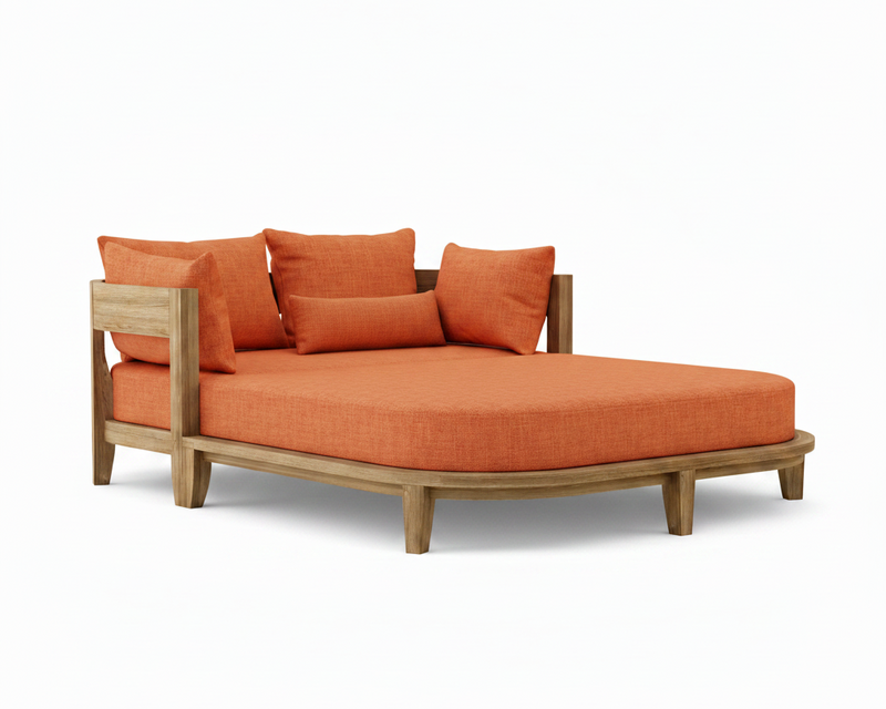 Coronado teak day bed with dupione papaya cushion on white background.