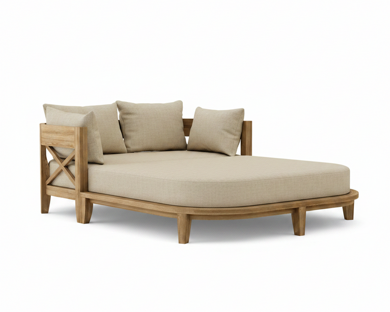 Coronado teak day bed with linen antique beige cushion on white background.