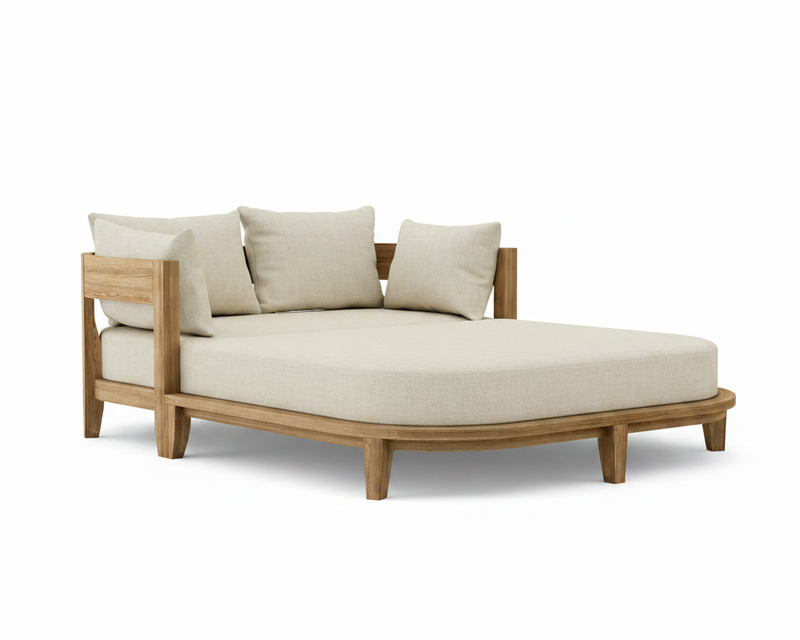 Coronado teak day bed with linen canvas cushion on white background.