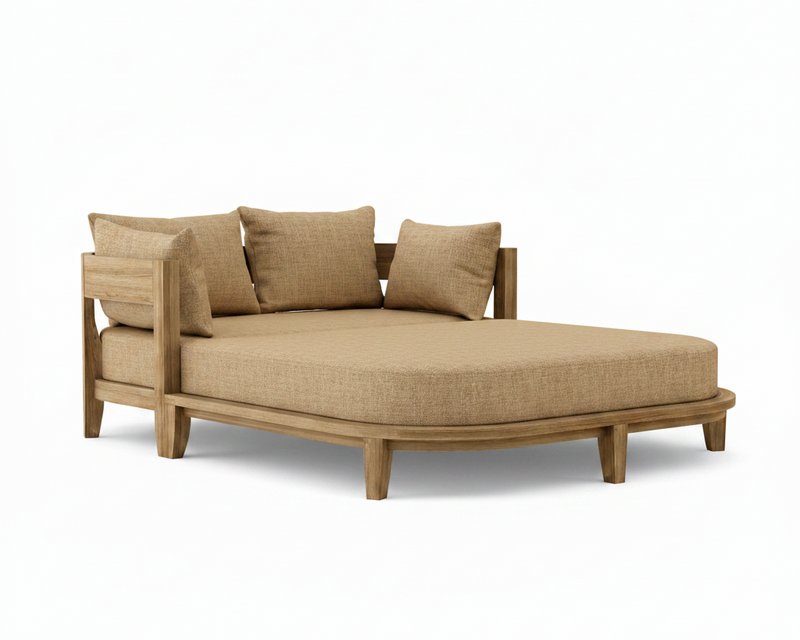 Coronado teak day bed with linen sesame cushion on white background.