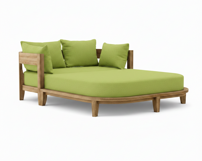 Coronado teak day bed with macaw cushion on white background.