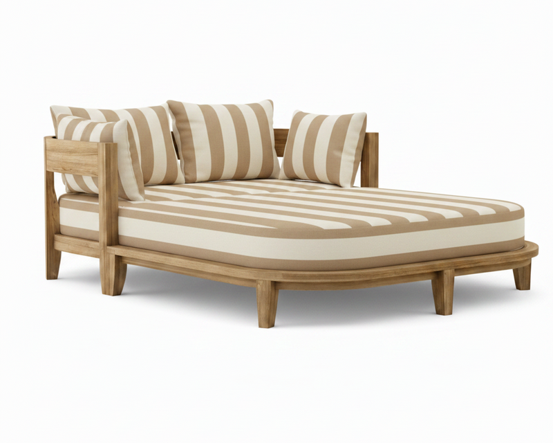 Coronado teak day bed with maxim heather beige cushion on white background.