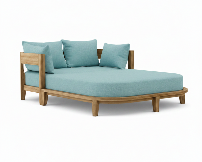 Coronado teak day bed with mineral blue cushion on white background.