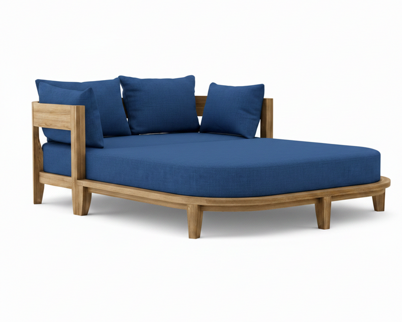 Coronado teak day bed with pacific blue cushion on white background.