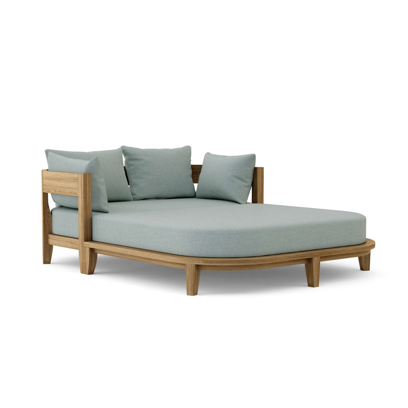 Coronado teak day bed with cast mist cushion on white background.