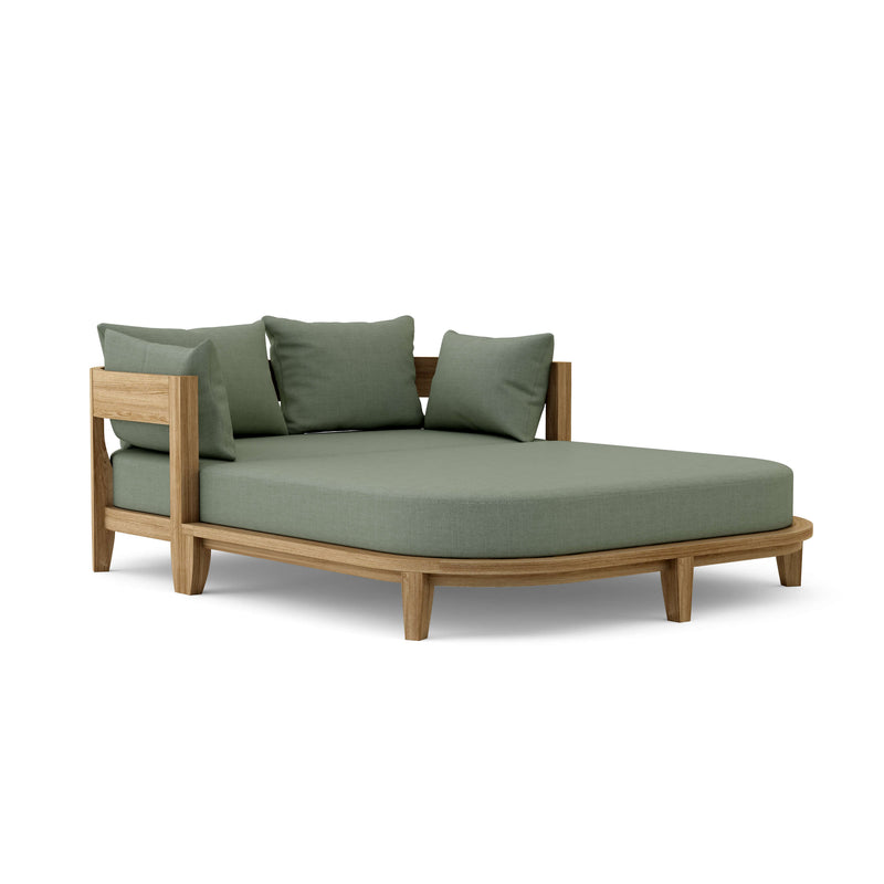 Coronado teak day bed with cast sage cushion on white background.