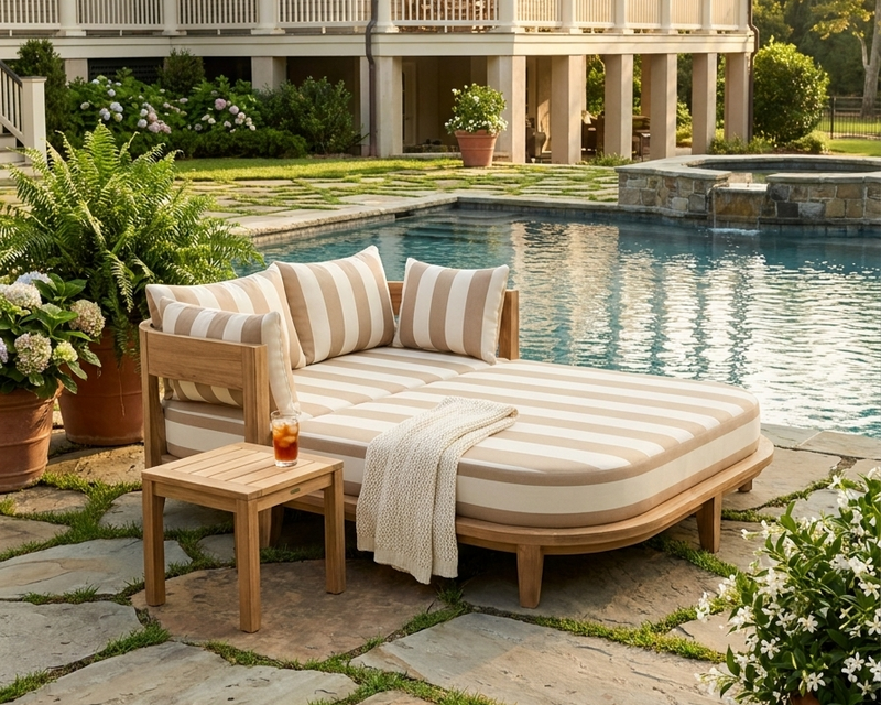 Coronado daybed with maxim heather beige cushion on a stone patio with grass accents beside a pool.  