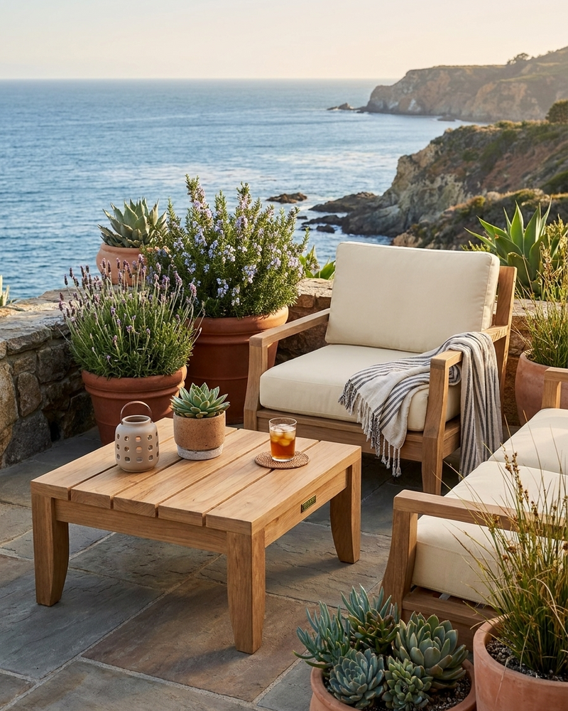 Anderson Teak coronado side table with 2 teak chairs with natural cushions on a stone patio overlooking the ocean.  