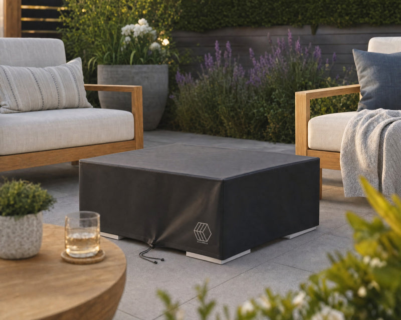 HPC vinyl fire pit cover for the Alea 32 and bravo units on a fire pit on a stone patio centered amongst teak seating, potted plants and flowers.  