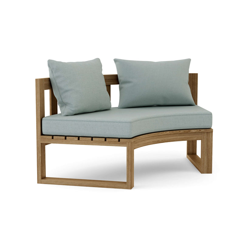 Circular teak bench with cast mist cushions on a white background.  