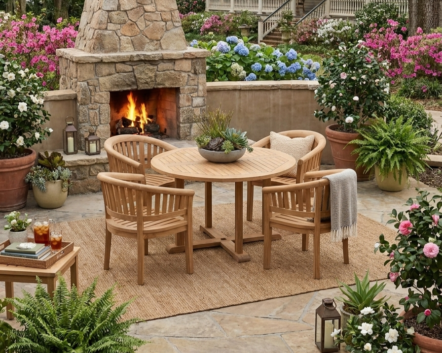 Outdoor patio dining set with a round wooden table and four matching slatted chairs, arranged on a woven rug in front of a stone fireplace. The scene is styled with potted plants, flowers, lanterns, and a throw blanket in a garden setting.