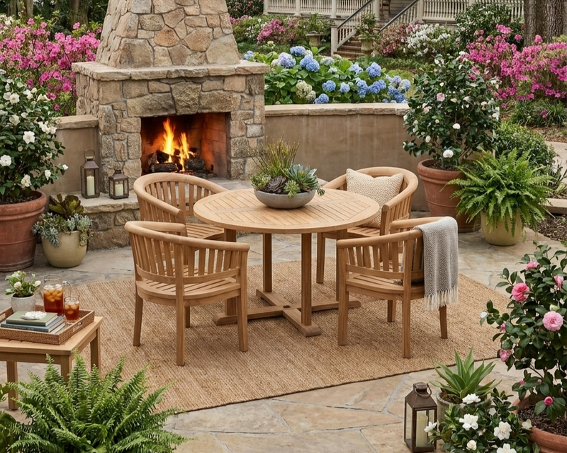 Outdoor patio dining set with a round wooden table and four matching slatted chairs, arranged on a woven rug in front of a stone fireplace. The scene is styled with potted plants, flowers, lanterns, and a throw blanket in a garden setting.