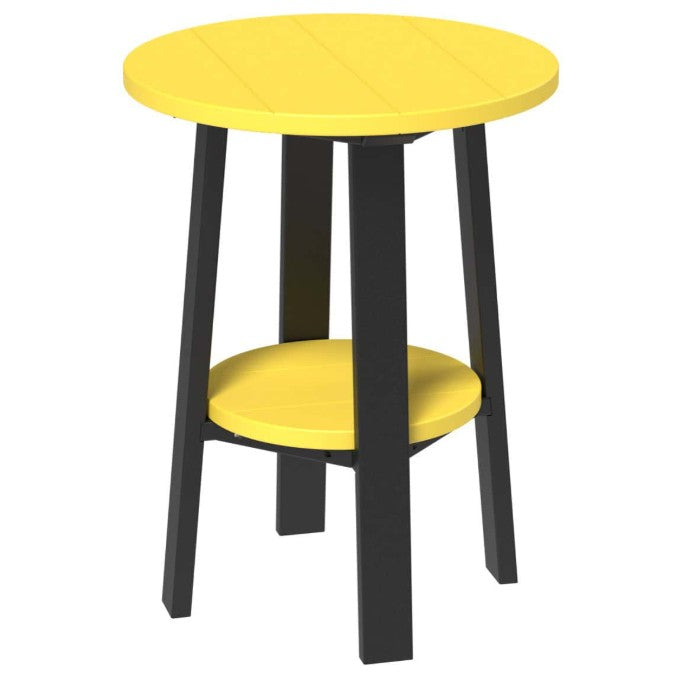 LuxCraft deluxe end table 28-inches high in yellow and black on a white background.  