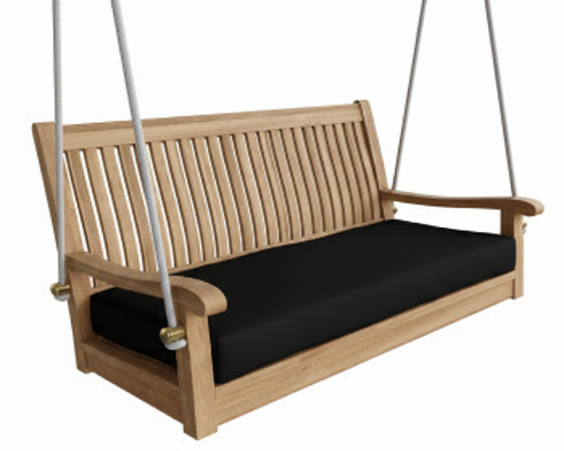 Wooden swing with black cushion on a white background