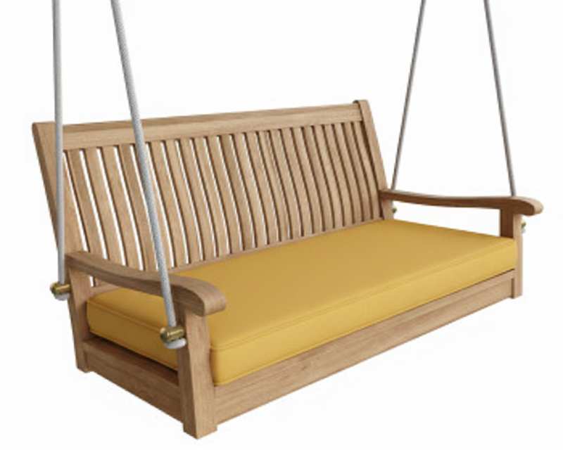 Wooden swing with yellow cushion on a white background